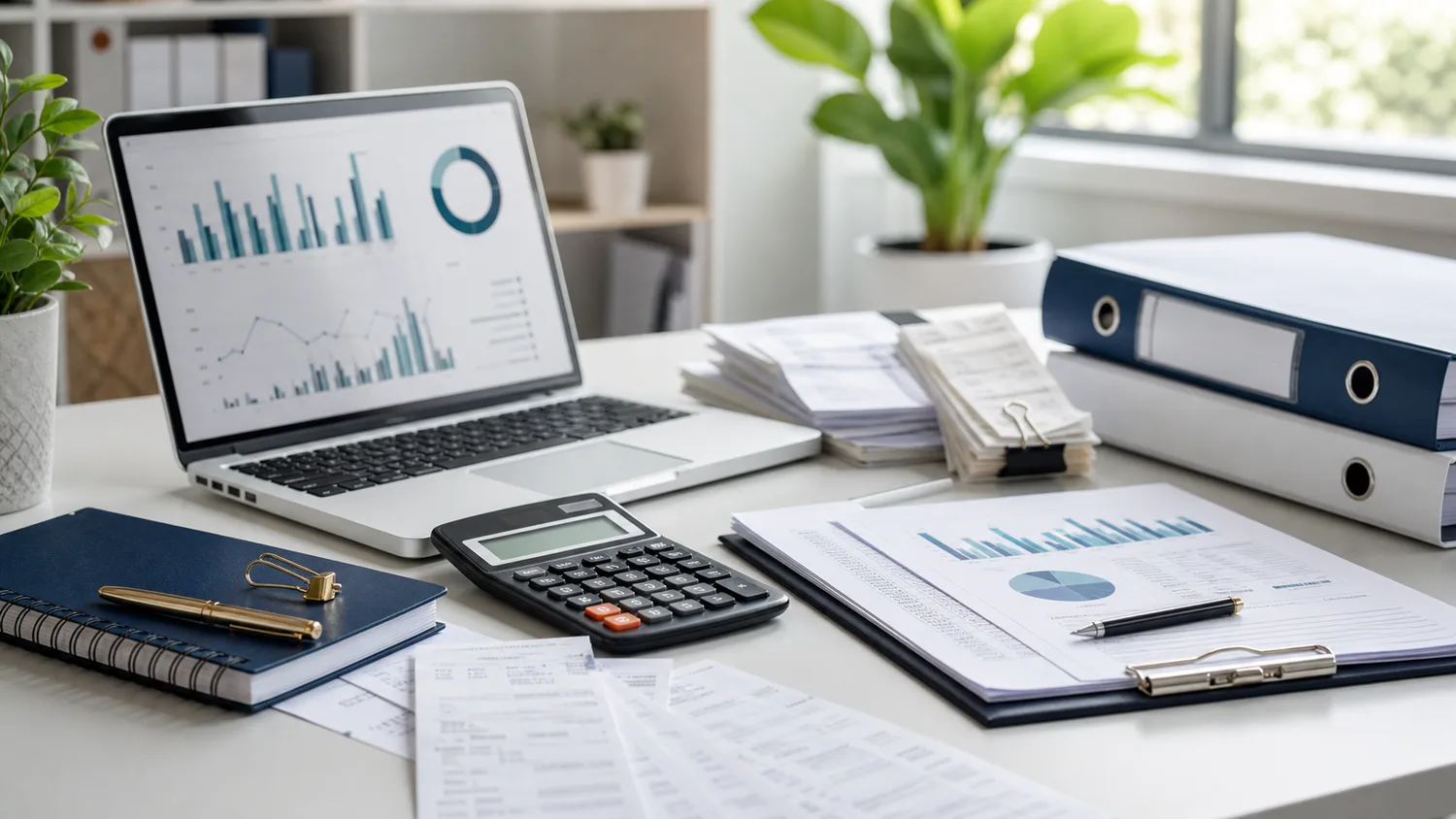 Organized bookkeeping workspace with financial reports and calculator